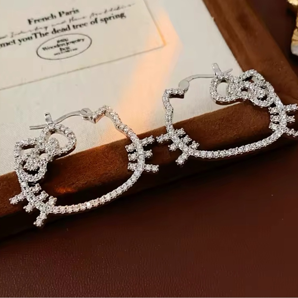 18K White Gold Hello Kitty Hoop Earrings With Diamond Inlays Sanrio Kawaii - Picture 5 of 7